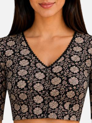 Black cotton blend kalamkari printed front open stretchable readymade saree blouse 5