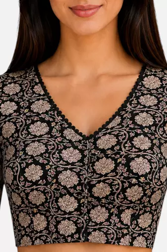 Black cotton blend kalamkari printed front open stretchable readymade saree blouse
