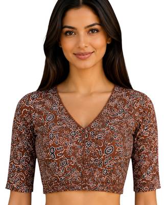 Brown cotton blend kalamkari printed front open stretchable readymade saree blouse 1