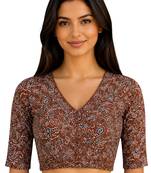 Brown cotton blend kalamkari printed front open stretchable readymade saree blouse