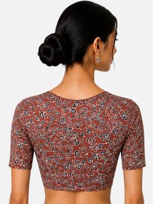 Brown cotton blend kalamkari printed front open stretchable readymade saree blouse 2