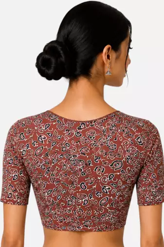 Brown cotton blend kalamkari printed front open stretchable readymade saree blouse