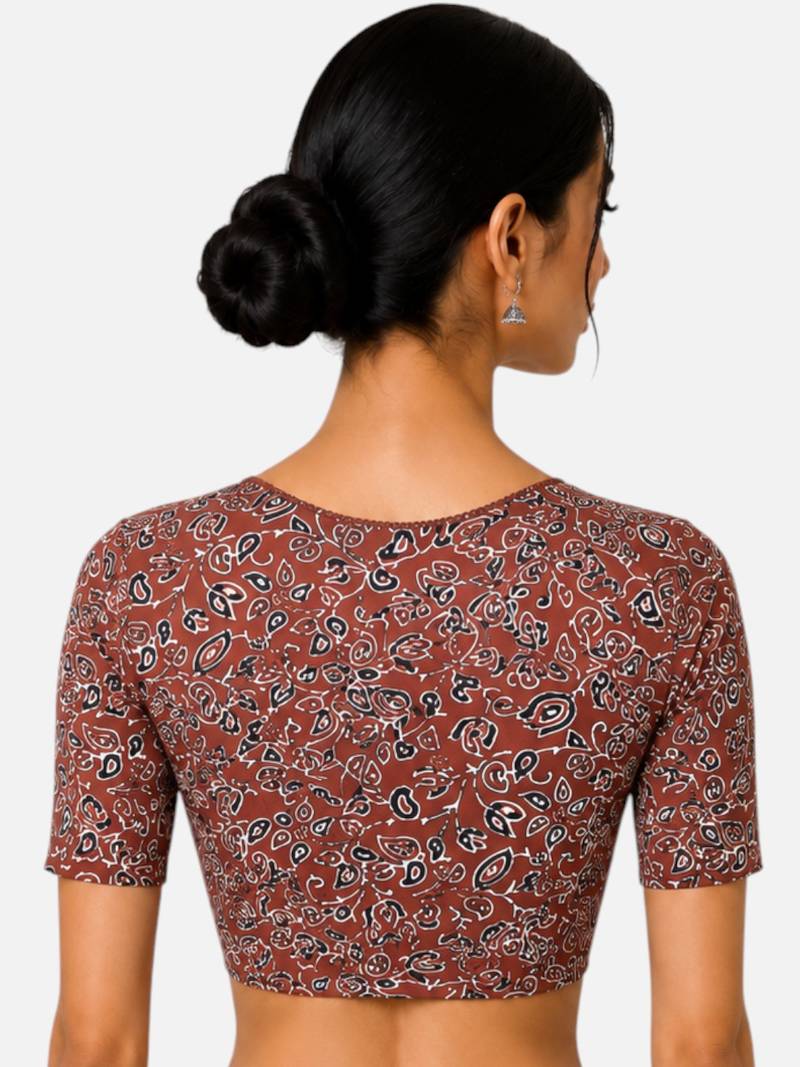 Brown cotton blend kalamkari printed front open stretchable readymade saree blouse