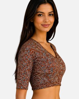 Brown cotton blend kalamkari printed front open stretchable readymade saree blouse 3
