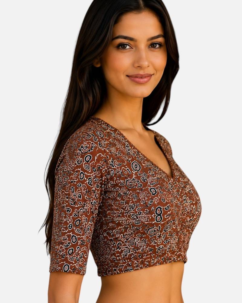 Brown cotton blend kalamkari printed front open stretchable readymade saree blouse