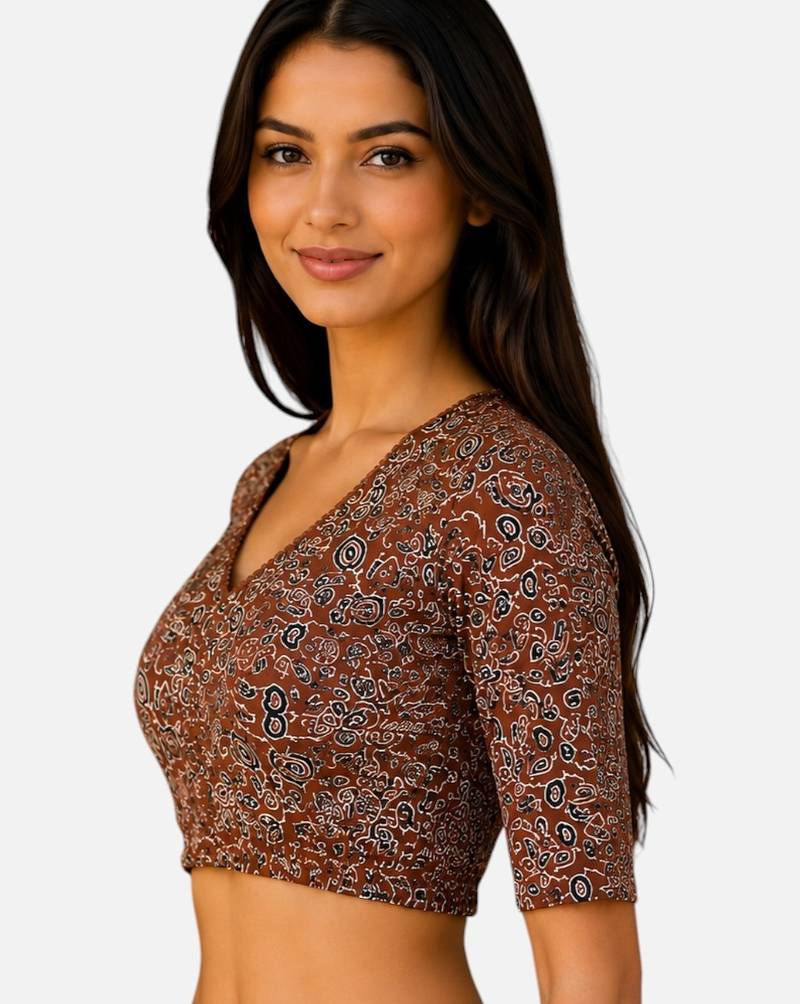 Brown cotton blend kalamkari printed front open stretchable readymade saree blouse