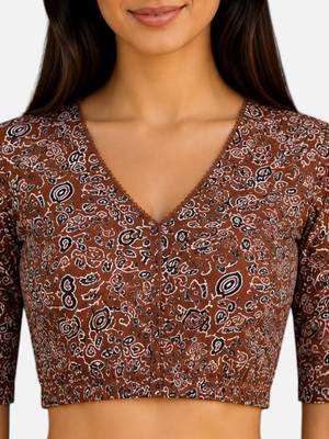 Brown cotton blend kalamkari printed front open stretchable readymade saree blouse 5