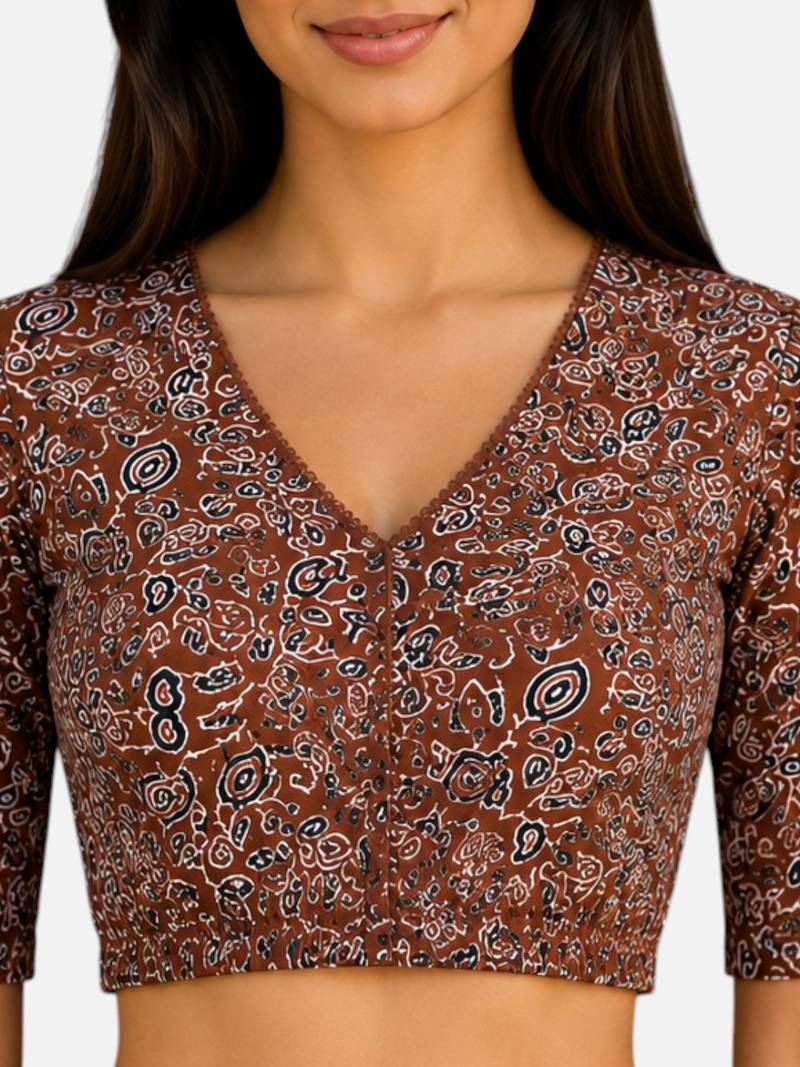 Brown cotton blend kalamkari printed front open stretchable readymade saree blouse