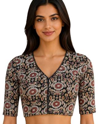 Brown cotton blend kalamkari printed front open stretchable readymade saree blouse 1