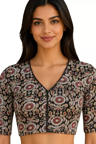 Brown cotton blend kalamkari printed front open stretchable readymade saree blouse