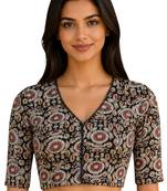 Brown cotton blend kalamkari printed front open stretchable readymade saree blouse