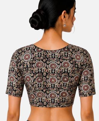 Brown cotton blend kalamkari printed front open stretchable readymade saree blouse 2