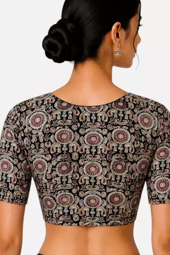 Brown cotton blend kalamkari printed front open stretchable readymade saree blouse