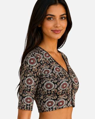 Brown cotton blend kalamkari printed front open stretchable readymade saree blouse 3