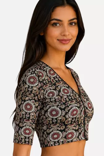 Brown cotton blend kalamkari printed front open stretchable readymade saree blouse