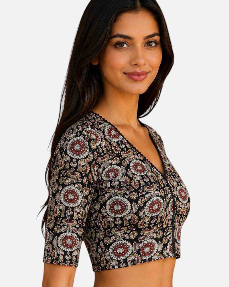 Brown cotton blend kalamkari printed front open stretchable readymade saree blouse
