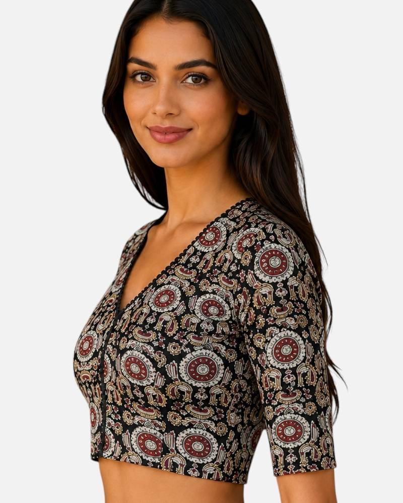 Brown cotton blend kalamkari printed front open stretchable readymade saree blouse