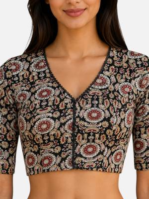 Brown cotton blend kalamkari printed front open stretchable readymade saree blouse 5