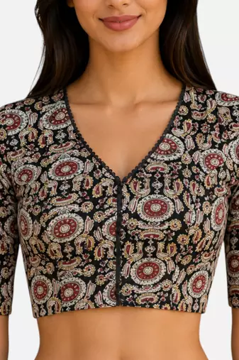 Brown cotton blend kalamkari printed front open stretchable readymade saree blouse