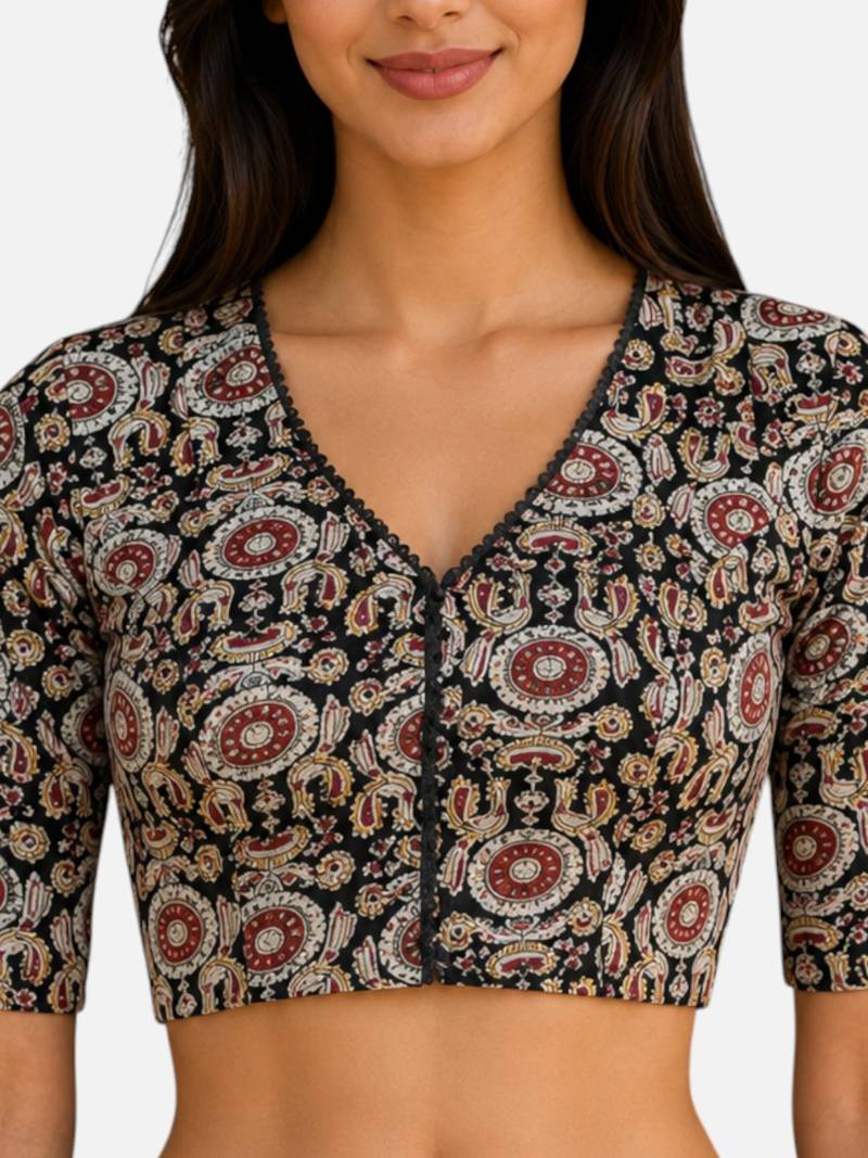 Brown cotton blend kalamkari printed front open stretchable readymade saree blouse
