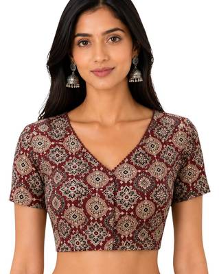 Brown cotton blend kalamkari printed front open stretchable readymade saree blouse 1