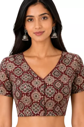Brown cotton blend kalamkari printed front open stretchable readymade saree blouse