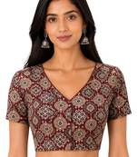 Brown cotton blend kalamkari printed front open stretchable readymade saree blouse