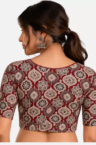 Brown cotton blend kalamkari printed front open stretchable readymade saree blouse
