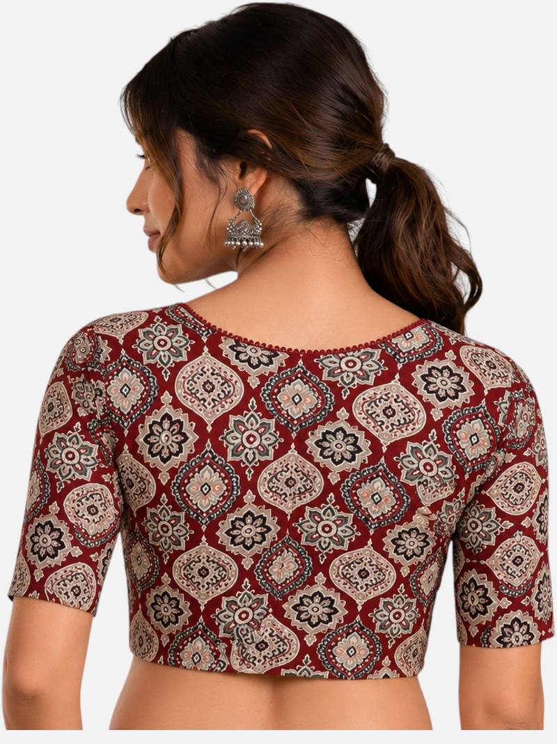 Brown cotton blend kalamkari printed front open stretchable readymade saree blouse
