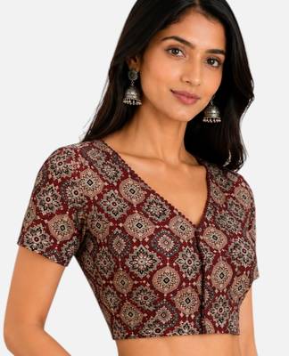 Brown cotton blend kalamkari printed front open stretchable readymade saree blouse 3