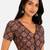 Brown cotton blend kalamkari printed front open stretchable readymade saree blouse