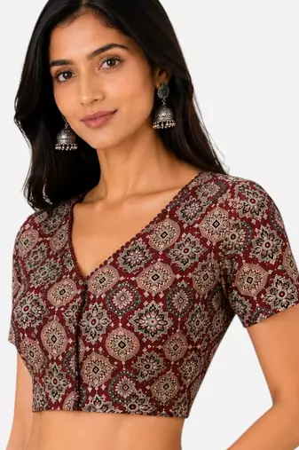 Brown cotton blend kalamkari printed front open stretchable readymade saree blouse