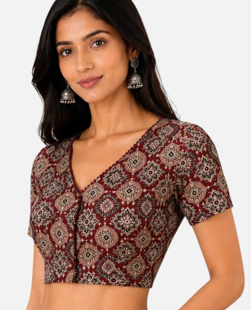 Brown cotton blend kalamkari printed front open stretchable readymade saree blouse