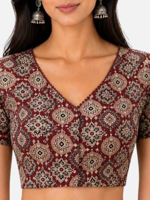 Brown cotton blend kalamkari printed front open stretchable readymade saree blouse 5