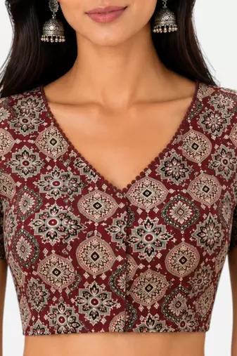Brown cotton blend kalamkari printed front open stretchable readymade saree blouse