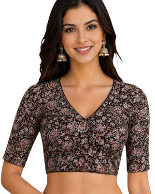 Black cotton blend kalamkari printed front open stretchable readymade saree blouse 1