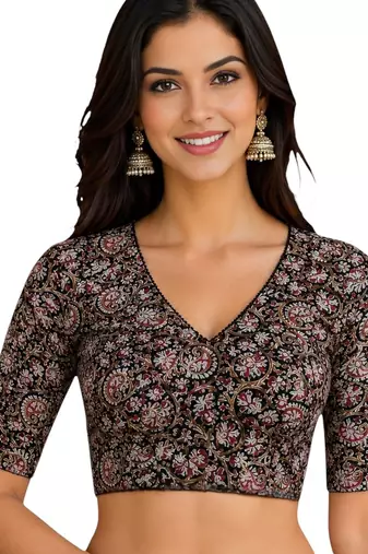Black cotton blend kalamkari printed front open stretchable readymade saree blouse