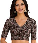 Black cotton blend kalamkari printed front open stretchable readymade saree blouse