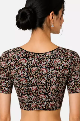 Black cotton blend kalamkari printed front open stretchable readymade saree blouse
