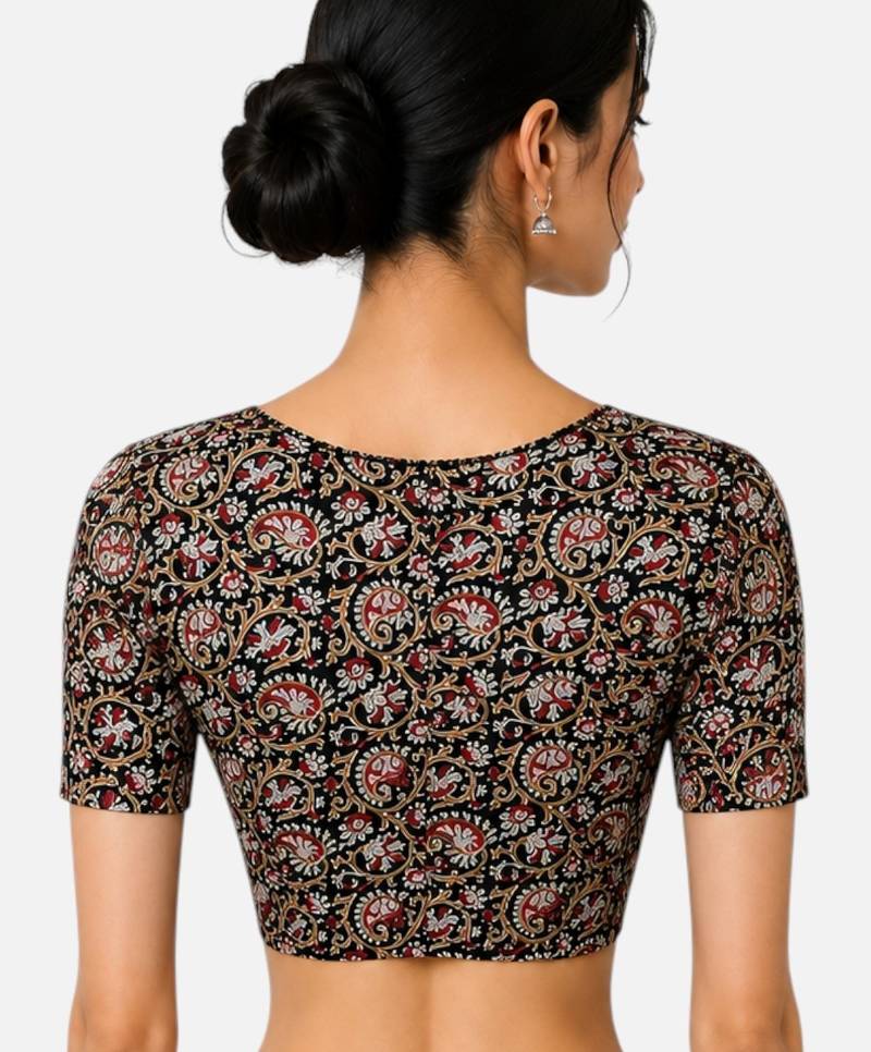 Black cotton blend kalamkari printed front open stretchable readymade saree blouse