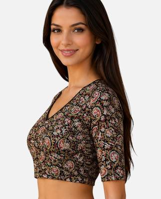 Black cotton blend kalamkari printed front open stretchable readymade saree blouse 3