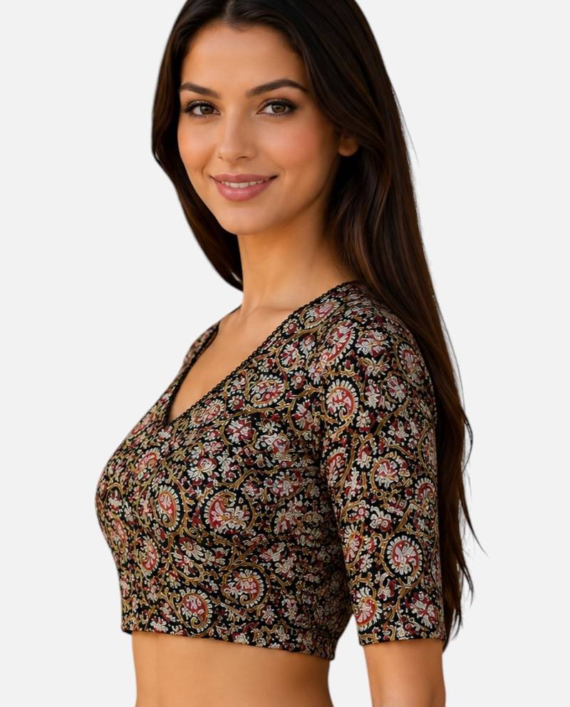 Black cotton blend kalamkari printed front open stretchable readymade saree blouse