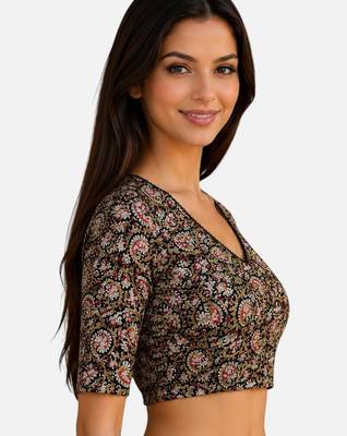 Black cotton blend kalamkari printed front open stretchable readymade saree blouse 4