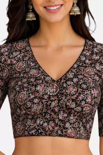 Black cotton blend kalamkari printed front open stretchable readymade saree blouse