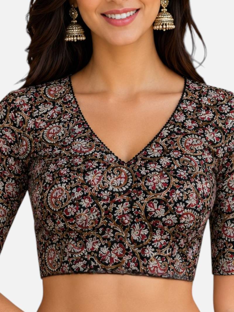 Black cotton blend kalamkari printed front open stretchable readymade saree blouse