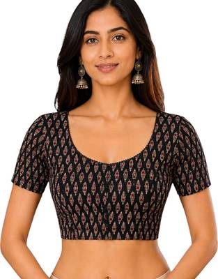 Black cotton blend kalamkari printed front open stretchable readymade saree blouse 1