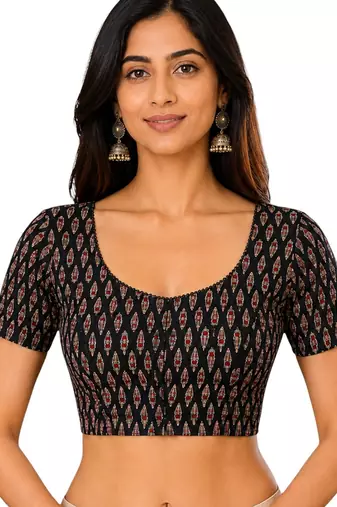 Black cotton blend kalamkari printed front open stretchable readymade saree blouse