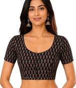Black cotton blend kalamkari printed front open stretchable readymade saree blouse