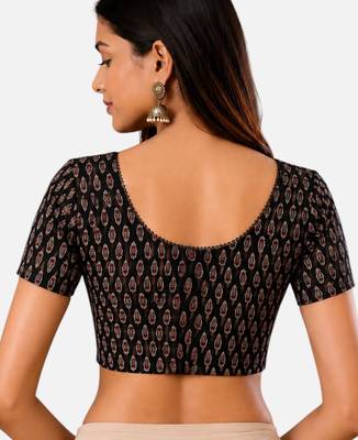 Black cotton blend kalamkari printed front open stretchable readymade saree blouse 2