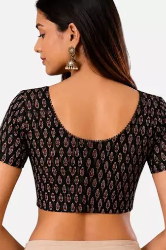 Black cotton blend kalamkari printed front open stretchable readymade saree blouse